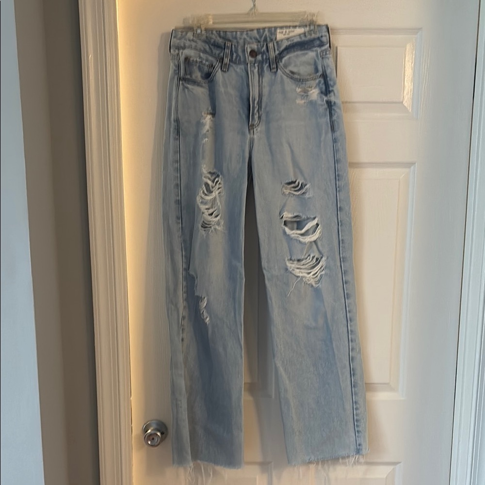 rag & bone Blue Straight Leg Jeans with Distressed Details